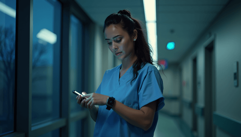 A tired nurse checking her watch during night shift while moonlight streams through hospital window