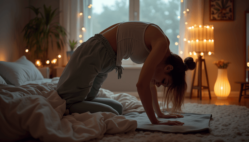 Woman practicing bedtime yoga pose