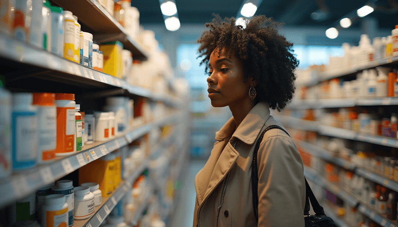 Woman looking confused at various supplement bottles in pharmacy aisle