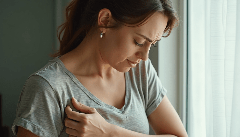 Woman holding her breast in pain