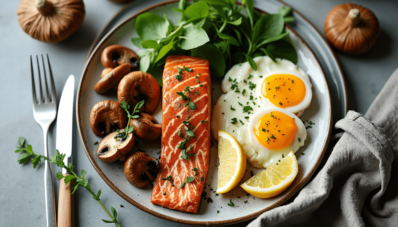 Colorful plate of vitamin D rich foods including salmon, eggs, and mushrooms