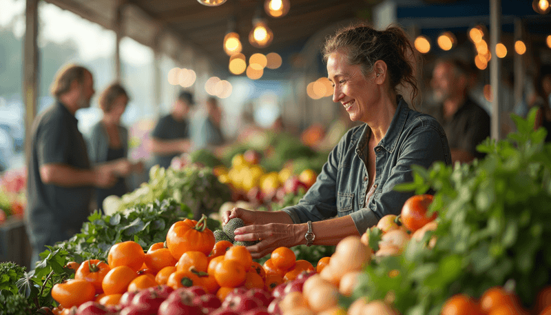 A woman choosing healthy foods from a colorful market display