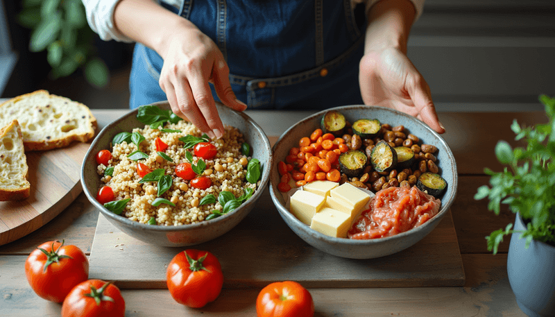 Women choosing between plant-based and meat-based meals at a kitchen counter