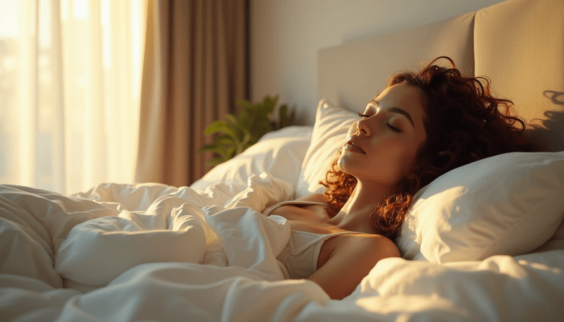 A woman peacefully sleeping as sunlight streams through her window