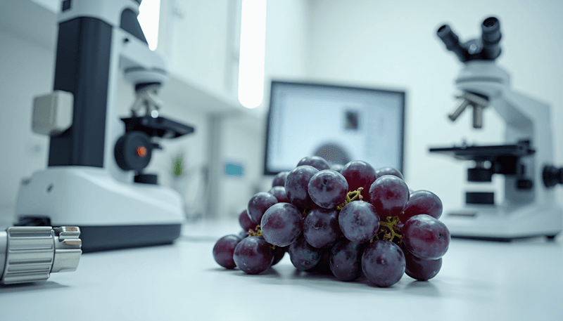 A bunch of purple grapes next to scientific measuring equipment