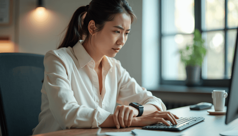 A woman sitting at desk checking her smart watch during a hot flash