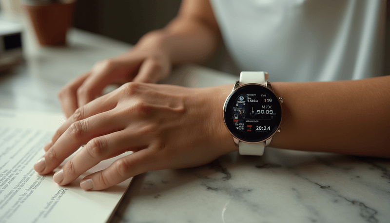 Woman checking health data on smartwatch