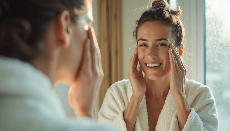 Woman examining her facial skin in mirror with concern