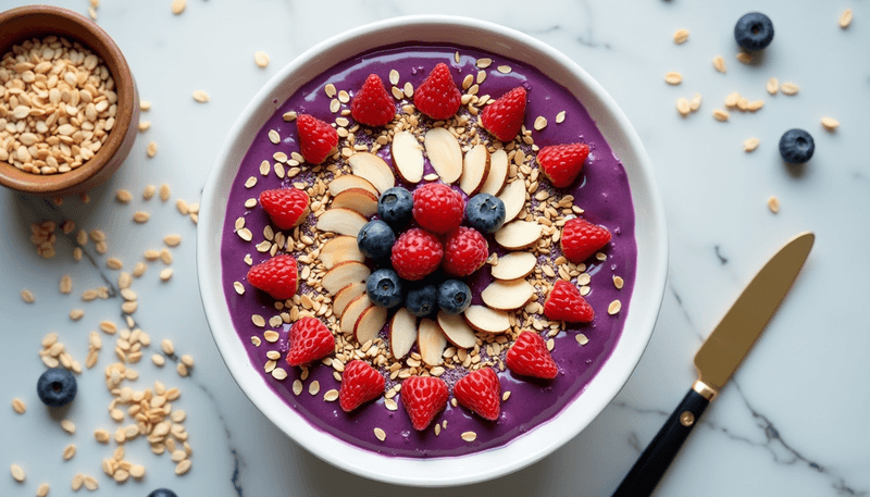 Fresh smoothie bowl topped with flaxseeds