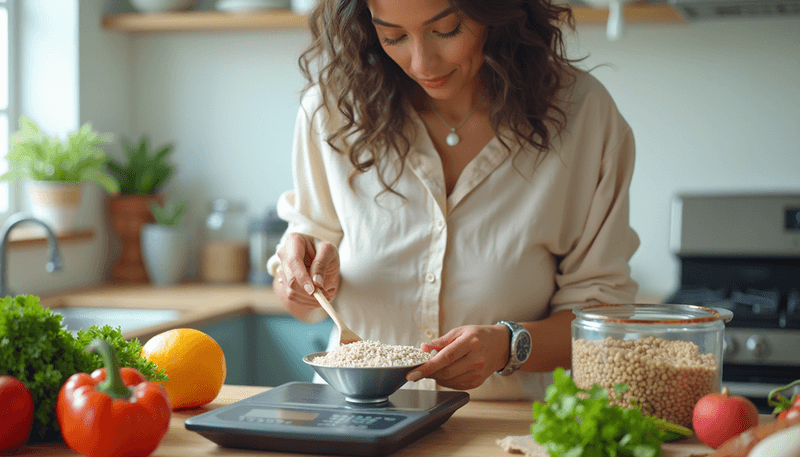 Woman measuring food portions on kitchen scale