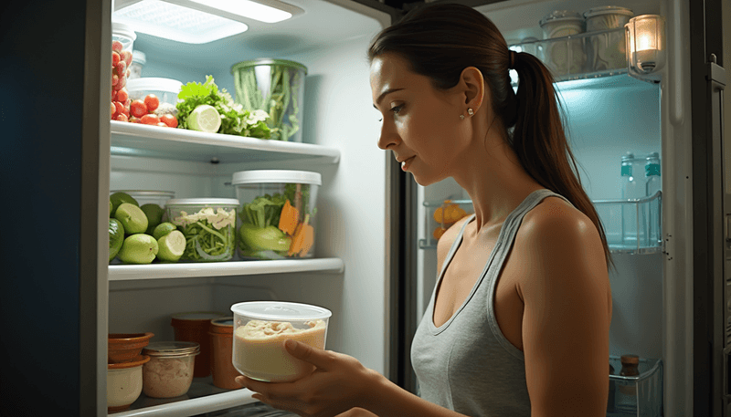 Woman choosing healthy snacks from refrigerator