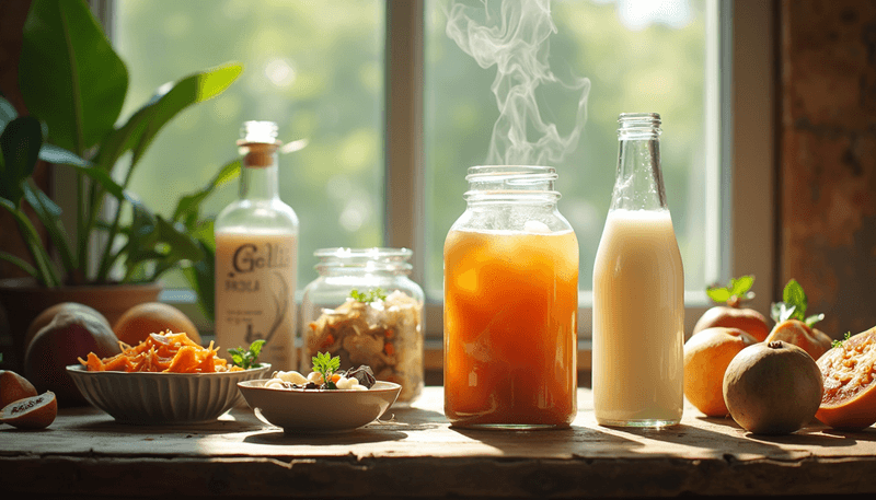 A diverse collection of probiotic-rich foods and supplements arranged on a wooden table