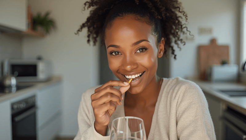 Woman taking supplement with glass of water