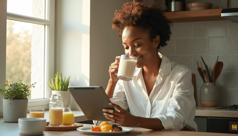 A woman drinking soy milk while reading about bone health