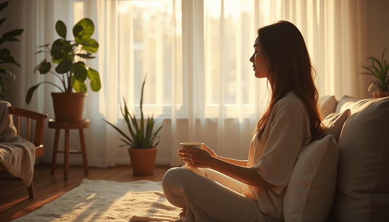 Woman practicing relaxation techniques with tea