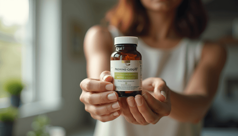 Woman holding a fertility supplement bottle while looking hopeful