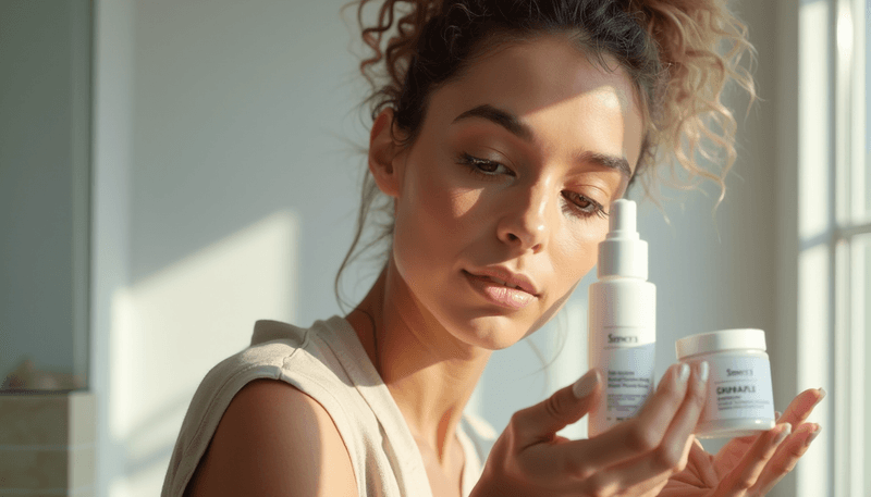 Woman reading ingredient list on beauty product packaging