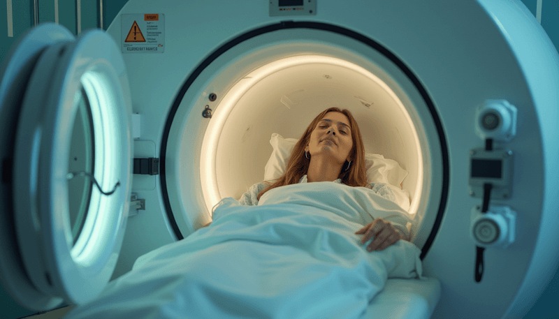 A person receiving hyperbaric oxygen therapy in a clear chamber