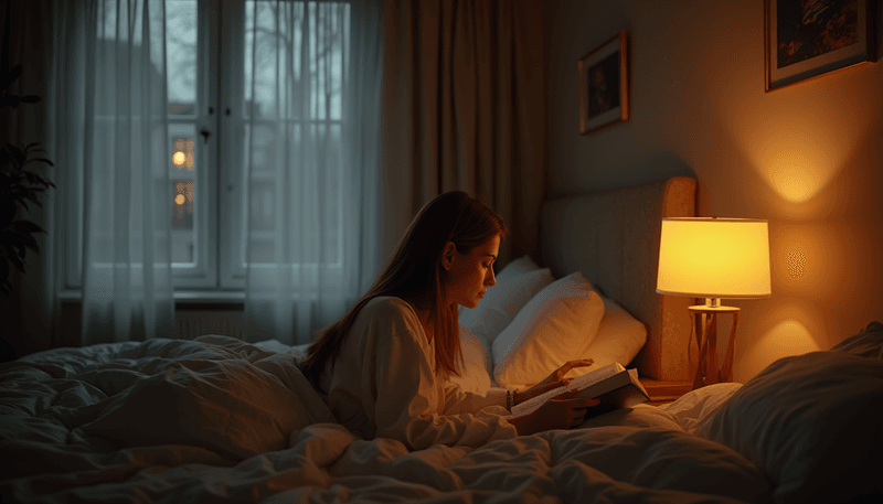 Woman practicing good sleep hygiene with dim lighting