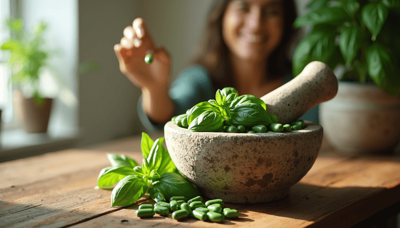 Basil leaves in mortar and pestle with capsules