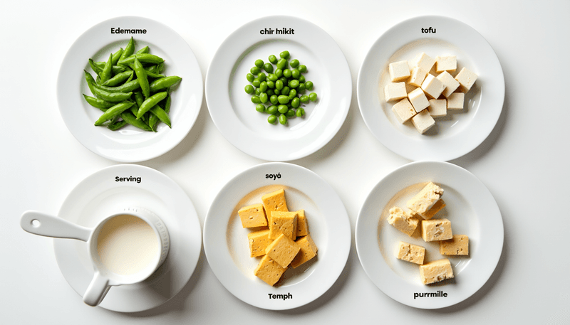 Various traditional soy foods labeled with serving sizes