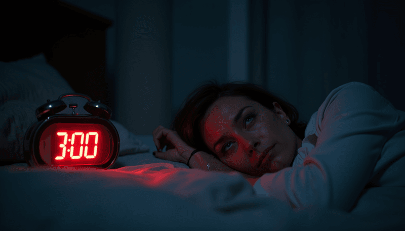 Woman lying awake in bed looking at alarm clock showing 3am