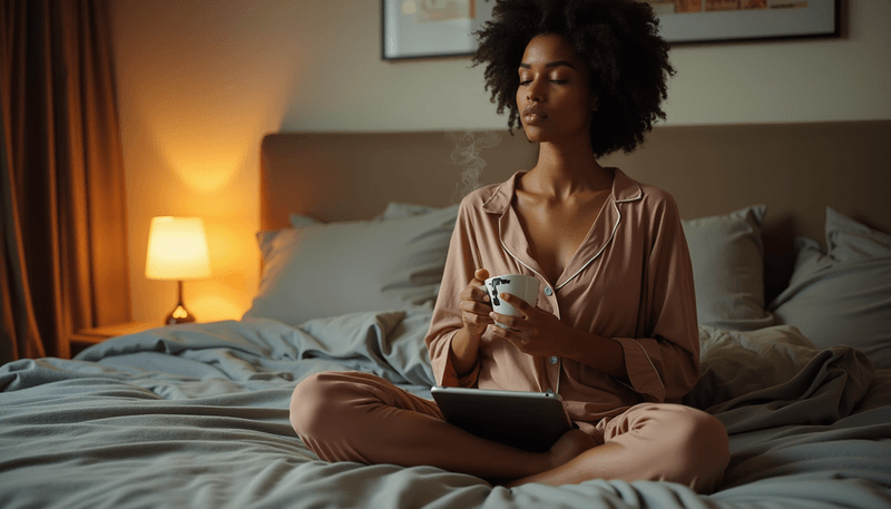 Woman practicing bedtime relaxation routine with herbal tea