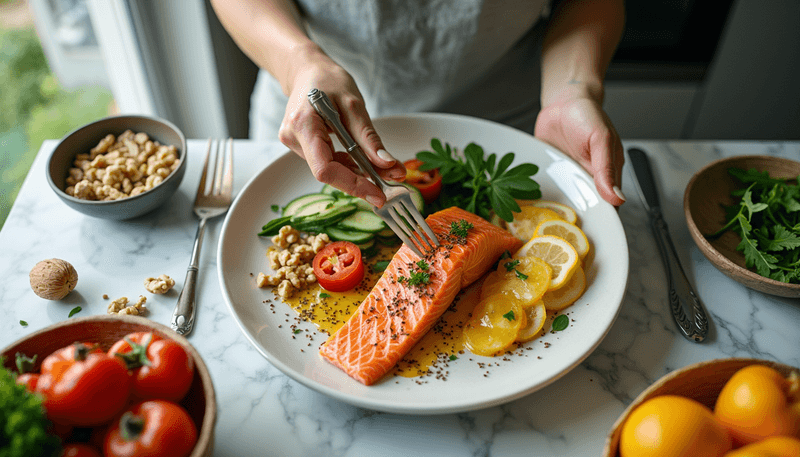 Woman preparing omega-3 rich meal with salmon and nuts