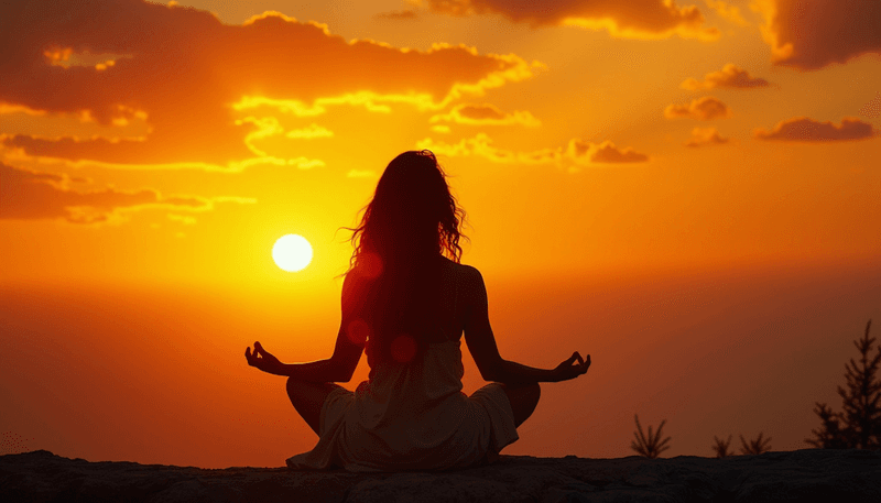 Woman meditating peacefully at sunset