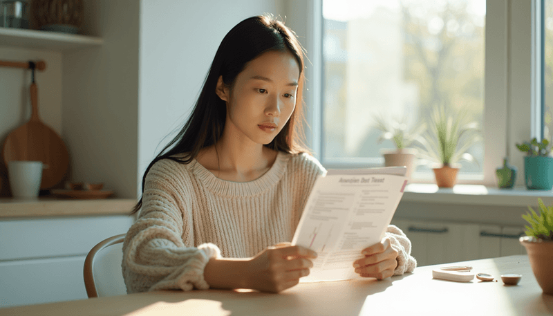 Woman reviewing simple at-home test instructions while sitting at kitchen table