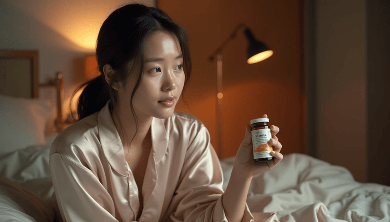 Woman taking vitamin E supplement before bedtime