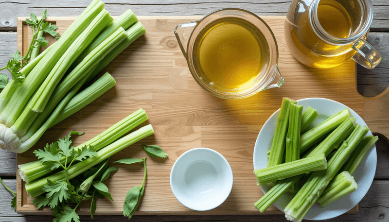 Celery tea preparation steps with fresh ingredients