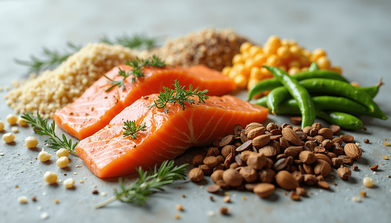 Different sources of healthy proteins including fish, legumes, and nuts