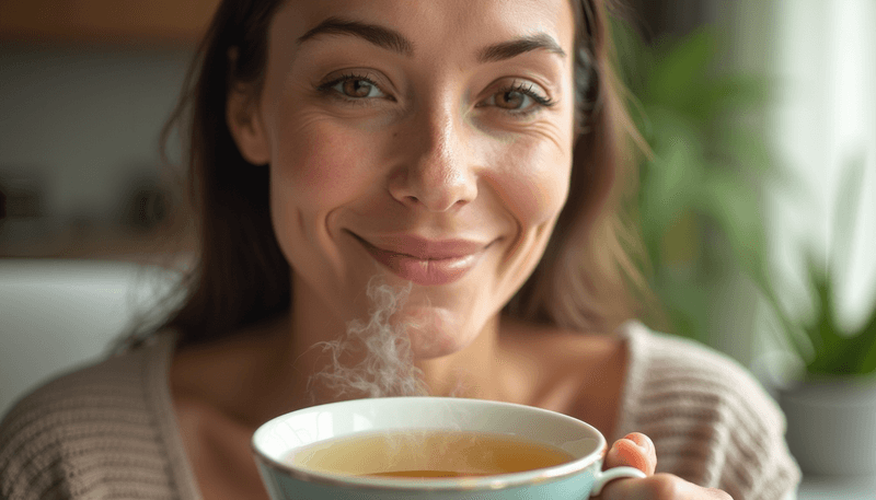 Woman holding a cup of herbal tea with a relieved expression