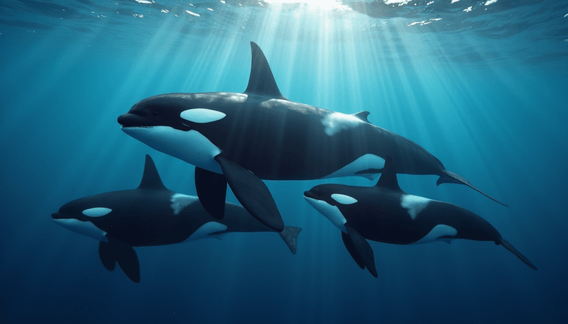 A female killer whale swimming with her adult offspring and grandcalf