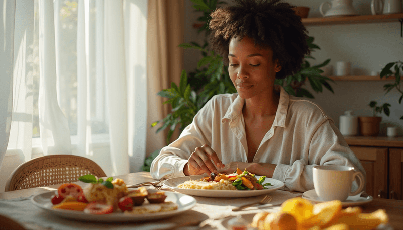 Woman enjoying peaceful meal at dining table