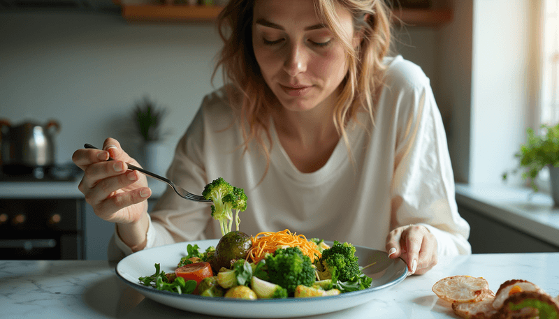 Woman practicing mindful eating with healthy meal