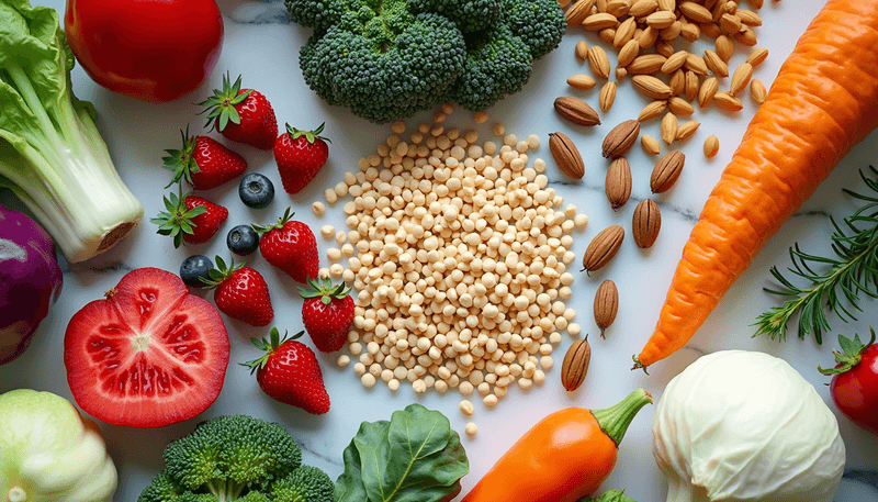 Colorful array of plant-based foods rich in flavonoids