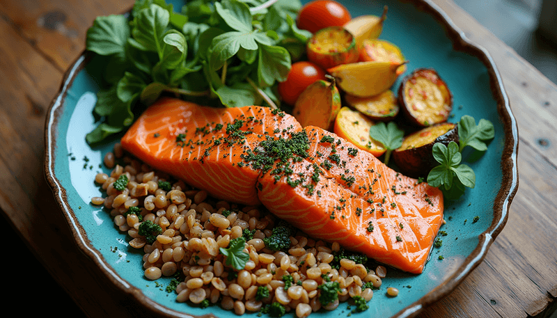 Colorful plate of healthy foods beneficial for menopause symptoms