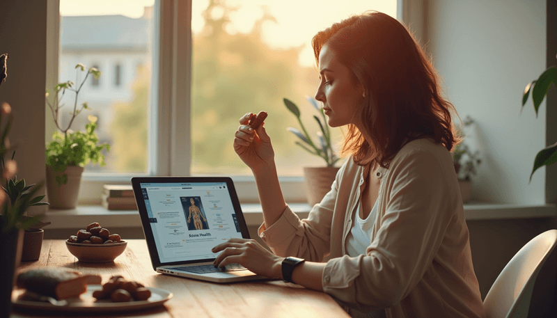 A woman in her 40s enjoying dates while reading about bone health