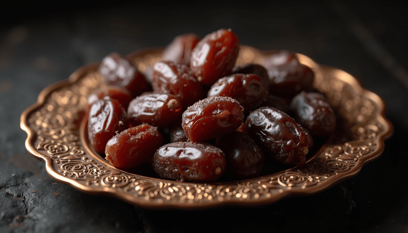 A collection of dark brown ajwa dates arranged on a traditional Middle Eastern serving plate