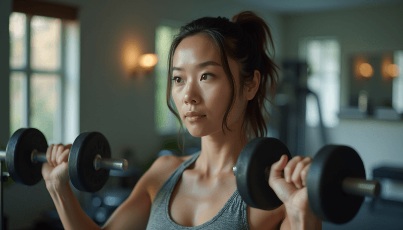 Woman doing strength training exercises with dumbbells