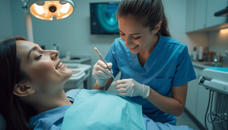 Dental professional performing scaling procedure