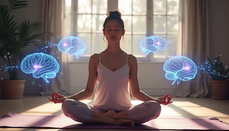 Woman doing yoga while surrounded by neuroscience imagery showing brain activities