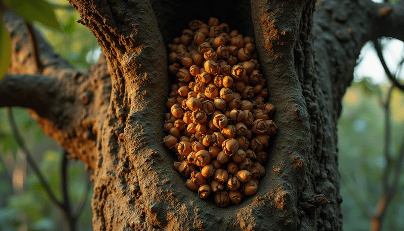 African Njansang tree with ripe seed pods