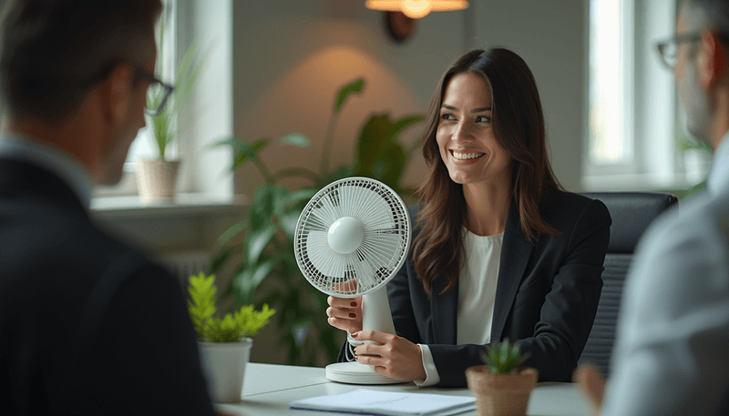 Woman using personal fan during meeting