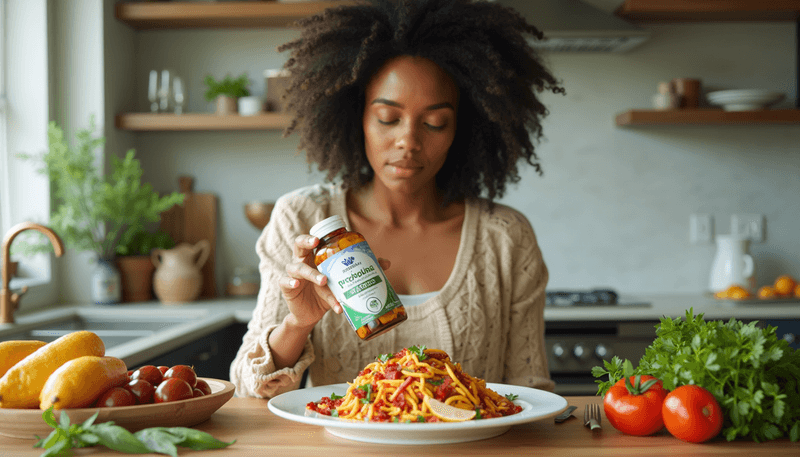 A woman looking thoughtfully at a plate of food while holding a probiotic supplement