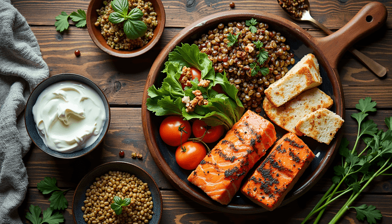 Different protein rich foods arranged on a wooden table