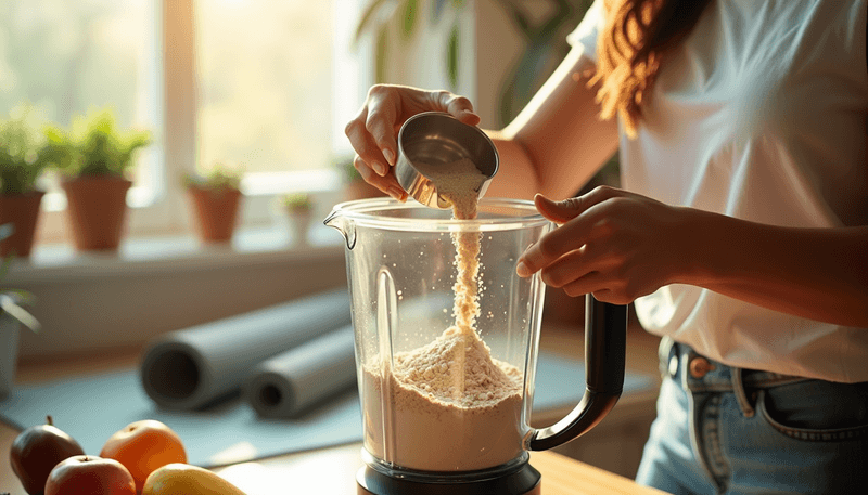 Woman measuring soy flour for post-workout protein shake