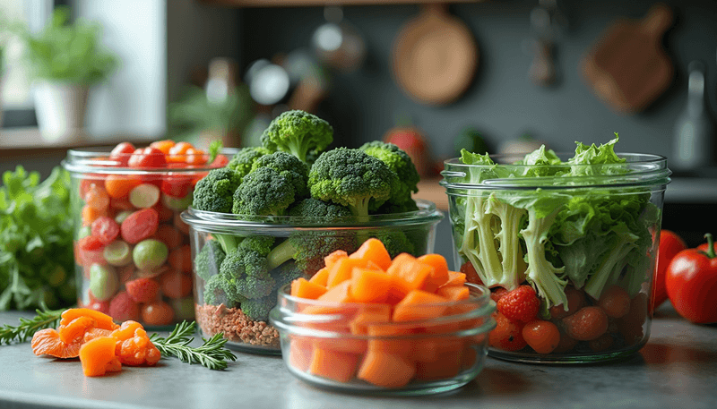 Colorful meal prep containers with healthy vegetables